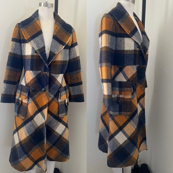 Vintage Jill Jr. Rust Orange and Navy Plaid Wool Coat as is - Picture 2 of 12